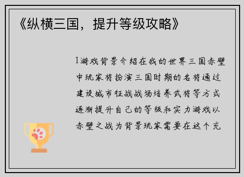 《纵横三国，提升等级攻略》